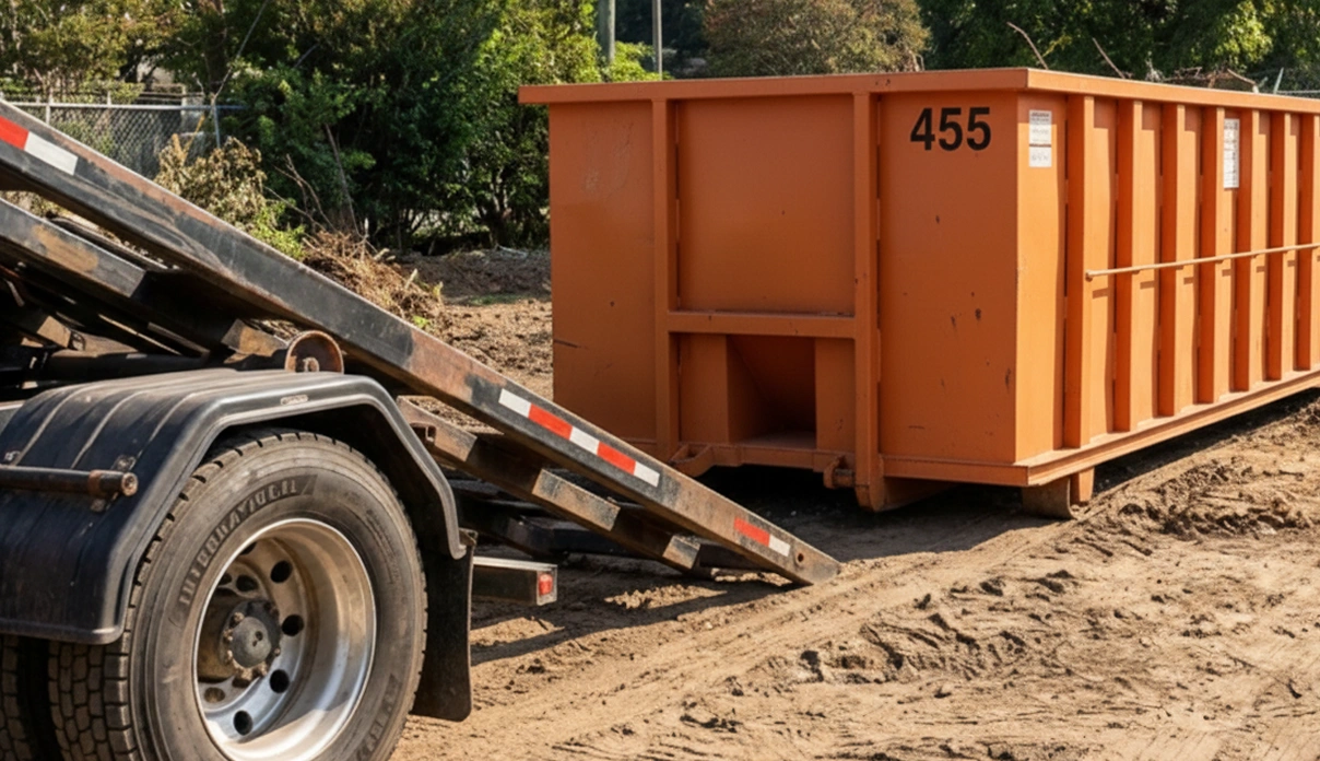 A heavy-duty roll-off dumpster pickup at a construction or land-clearing site, featuring a large orange waste container positioned behind a black tilt-frame truck. The scene is set on a dirt lot with piles of brush and trees in the background, demonstrating professional construction site cleanup and large-scale debris removal services.